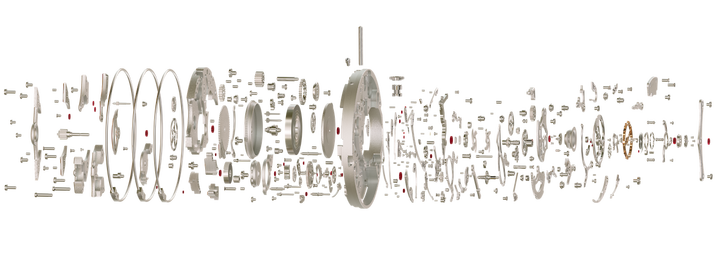 Éclaté du calibre 08600 de Concepto, un mouvement à remontage manuel associant tourbillon et répétition minutes sur trois timbres.