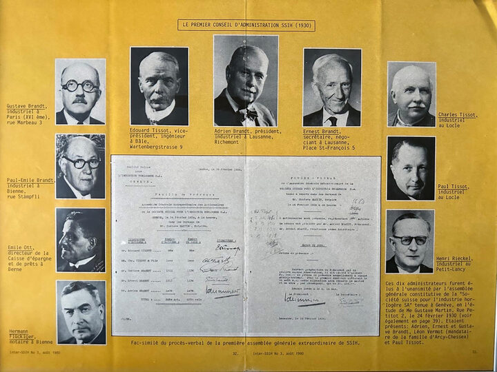 Le premier conseil d'administration de la SSIH (1930) qui réunit les dirigeants d'Omega et de Tissot. Archives Luc Tissot